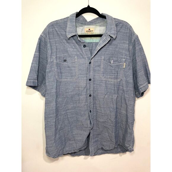 Mens Woolrich Blue Chambray Short‎ Sleeve Collared Button Front Shirt Size XXL - Picture 1 of 4